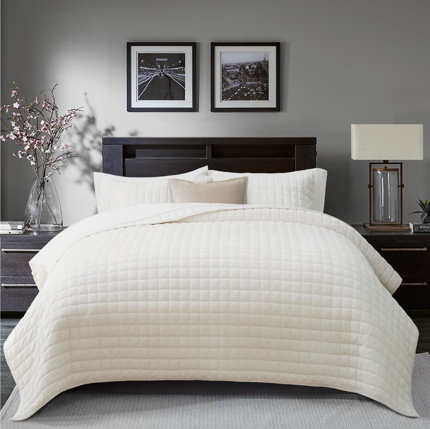 RECYCO Channel Box Stitch Velvet Quilt Set, K...