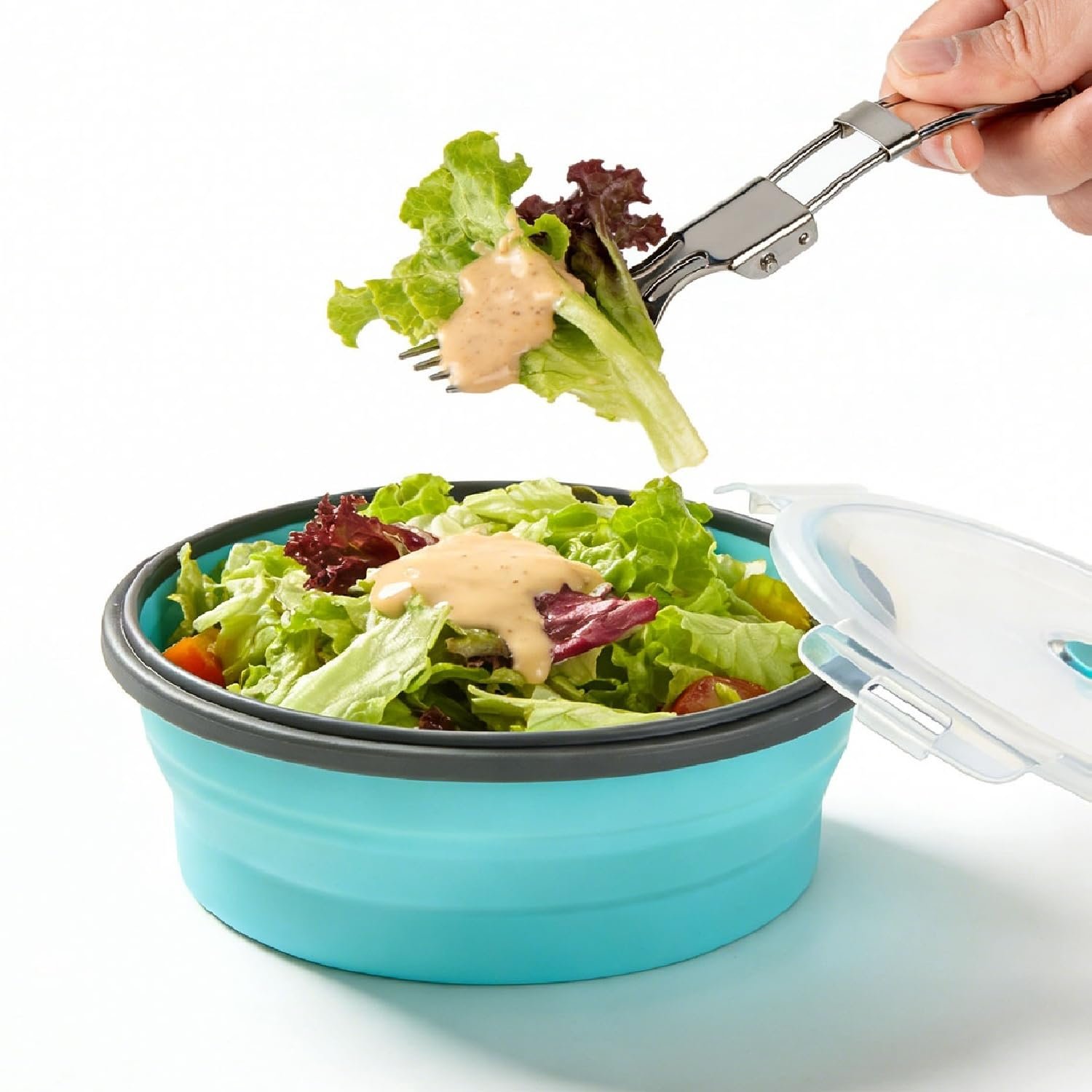 Collapsible Camping Bowl with Lid & Fork Sili...