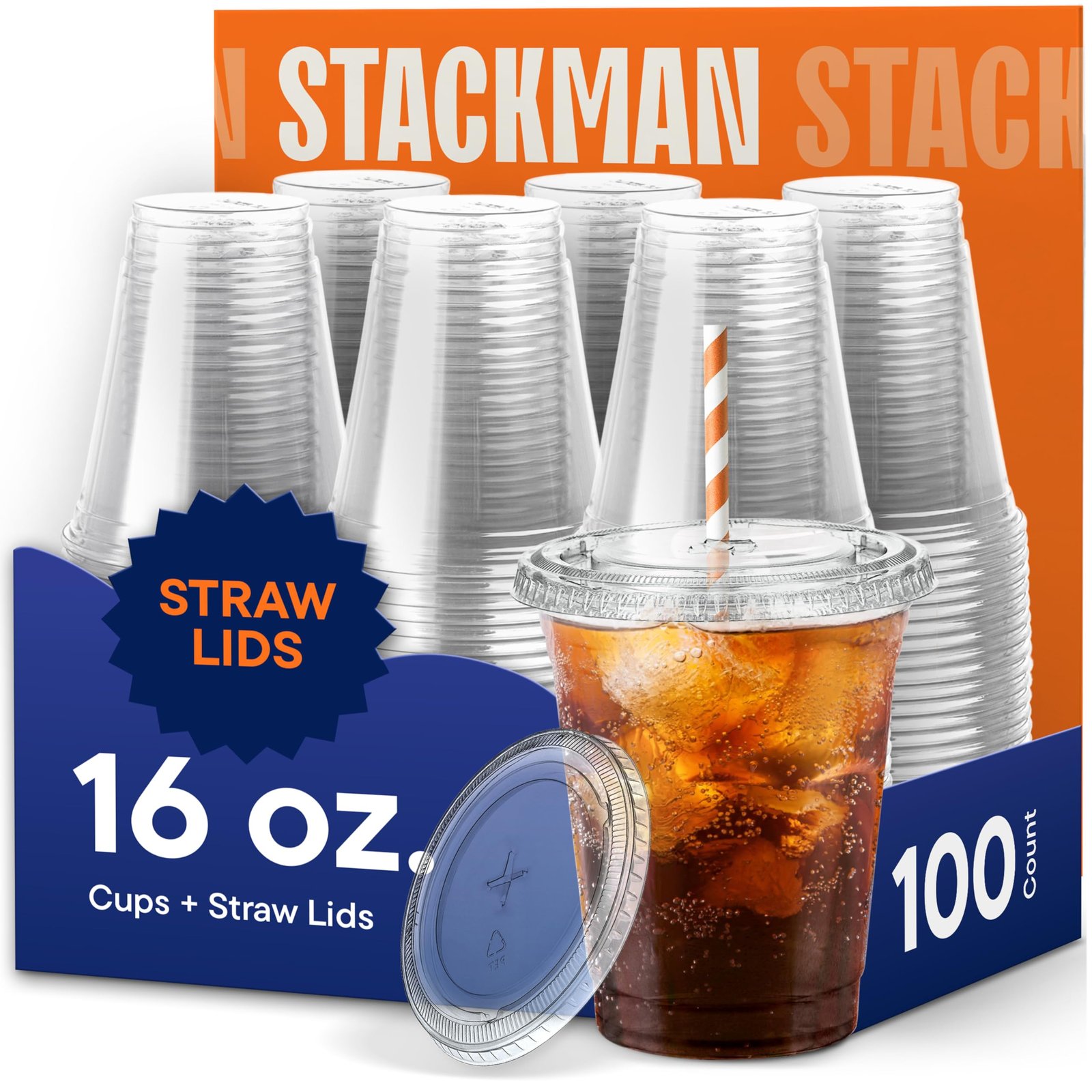 16 oz Clear Plastic Cups with Straw-Slot Lids...