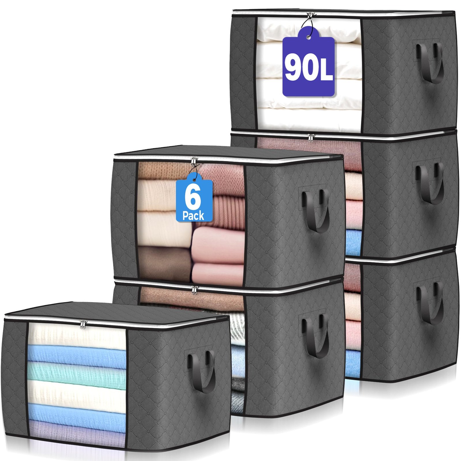 90L Large Storage Bags, 6 Pack Clothes Storag...