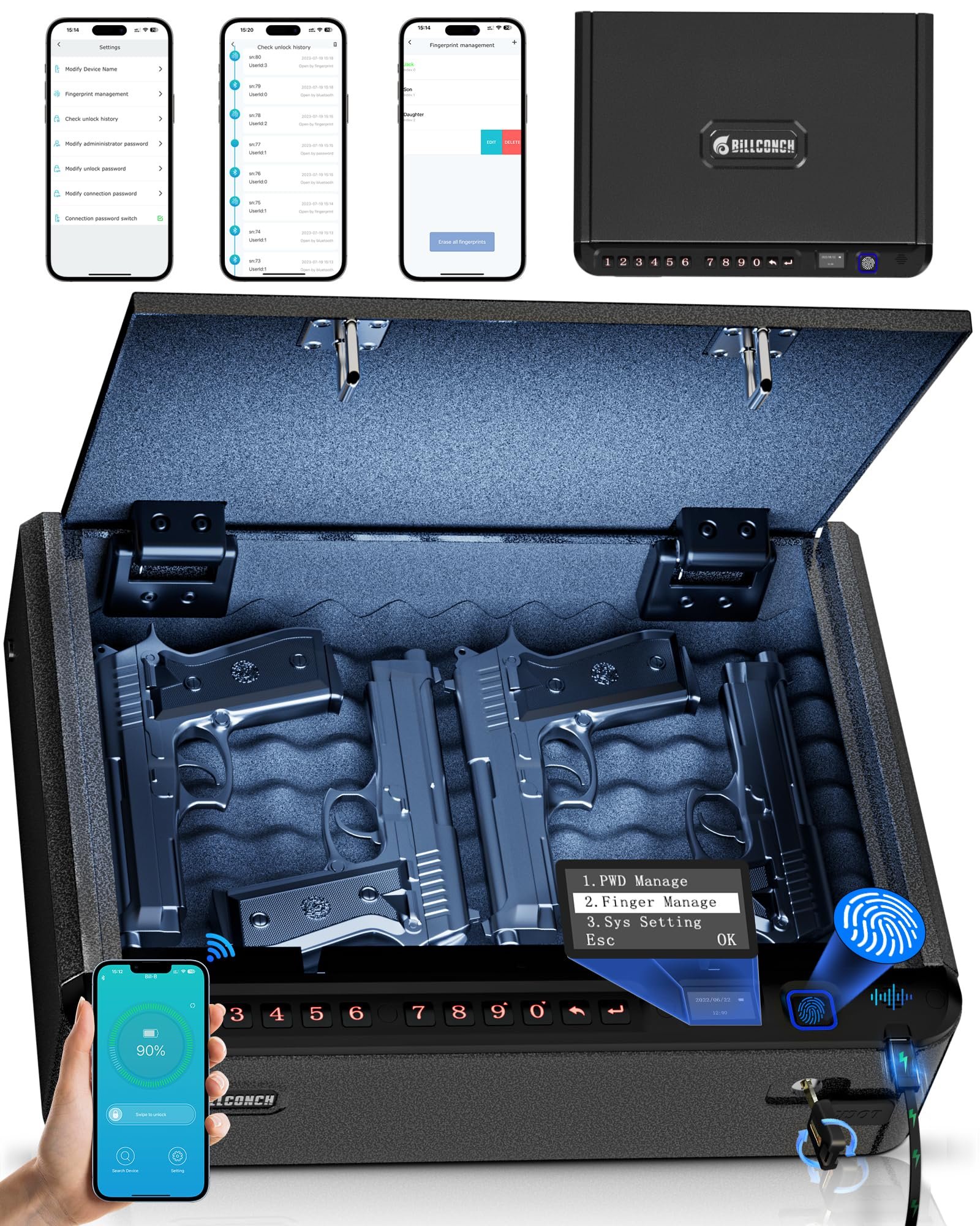 BILLCONCH Smart Gun Safe with Fingerprint, Ap...