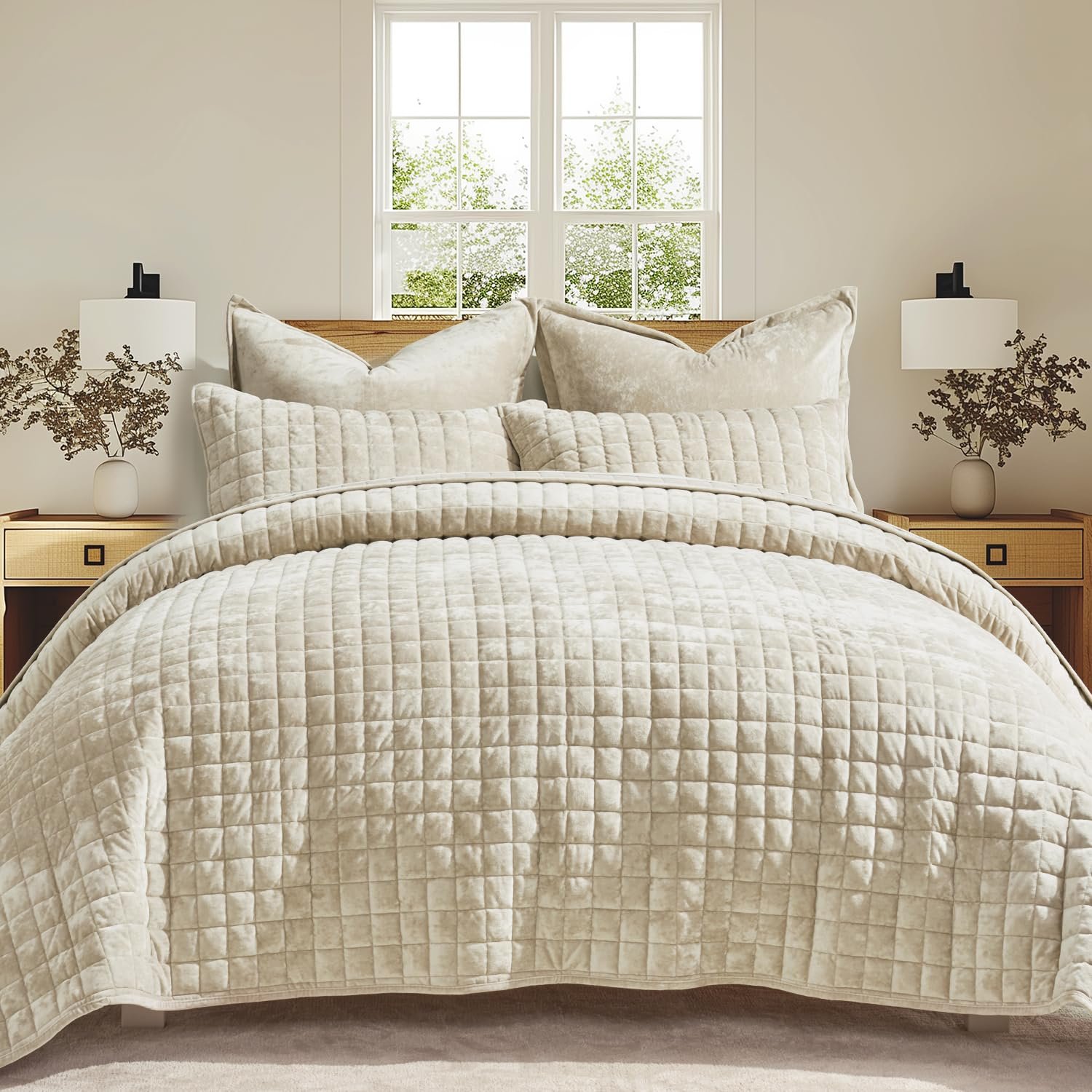 RECYCO Channel Box Stitch Velvet Quilt Set, K...