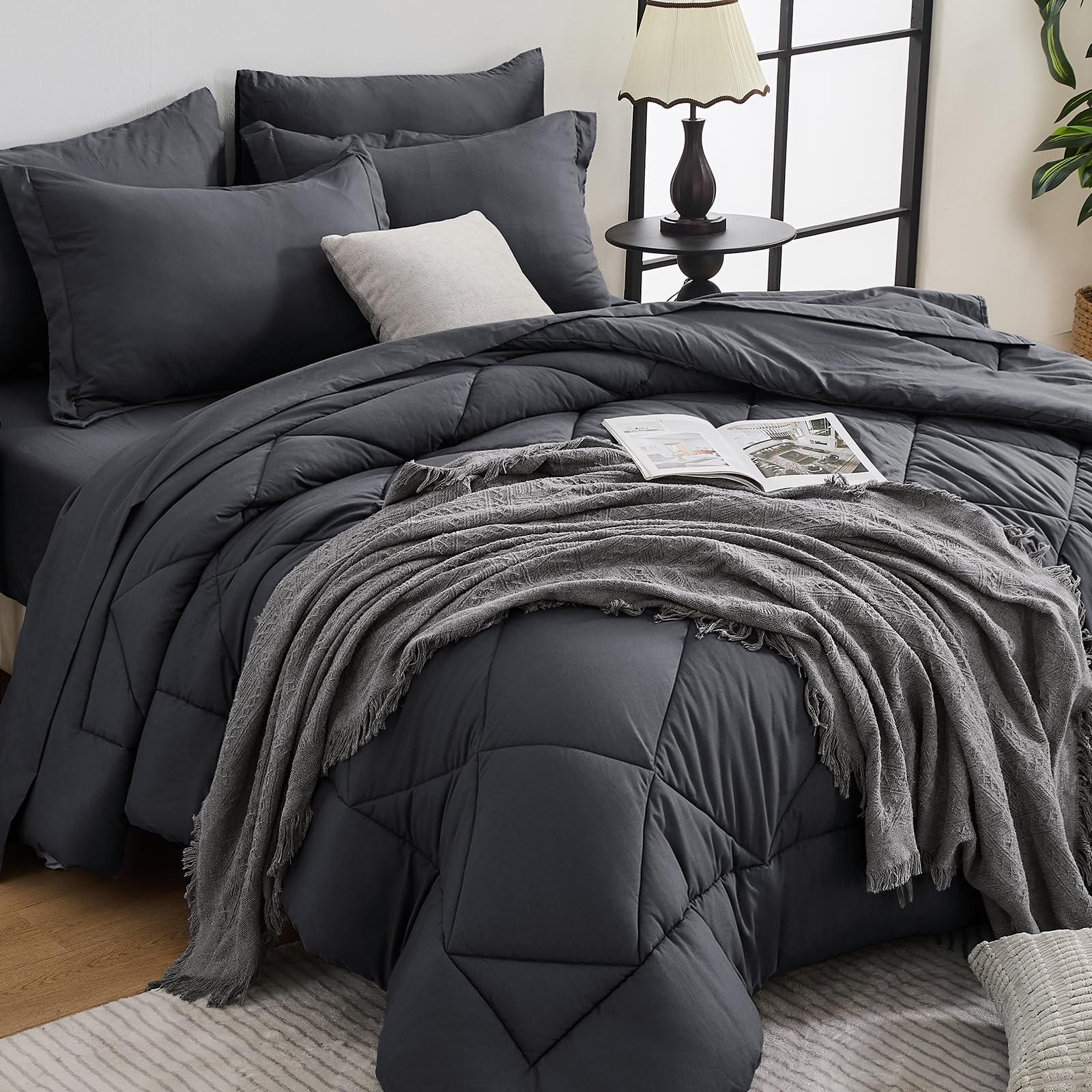 HEVUMYI 7-Piece Queen Comforter Set, Dark Gre...
