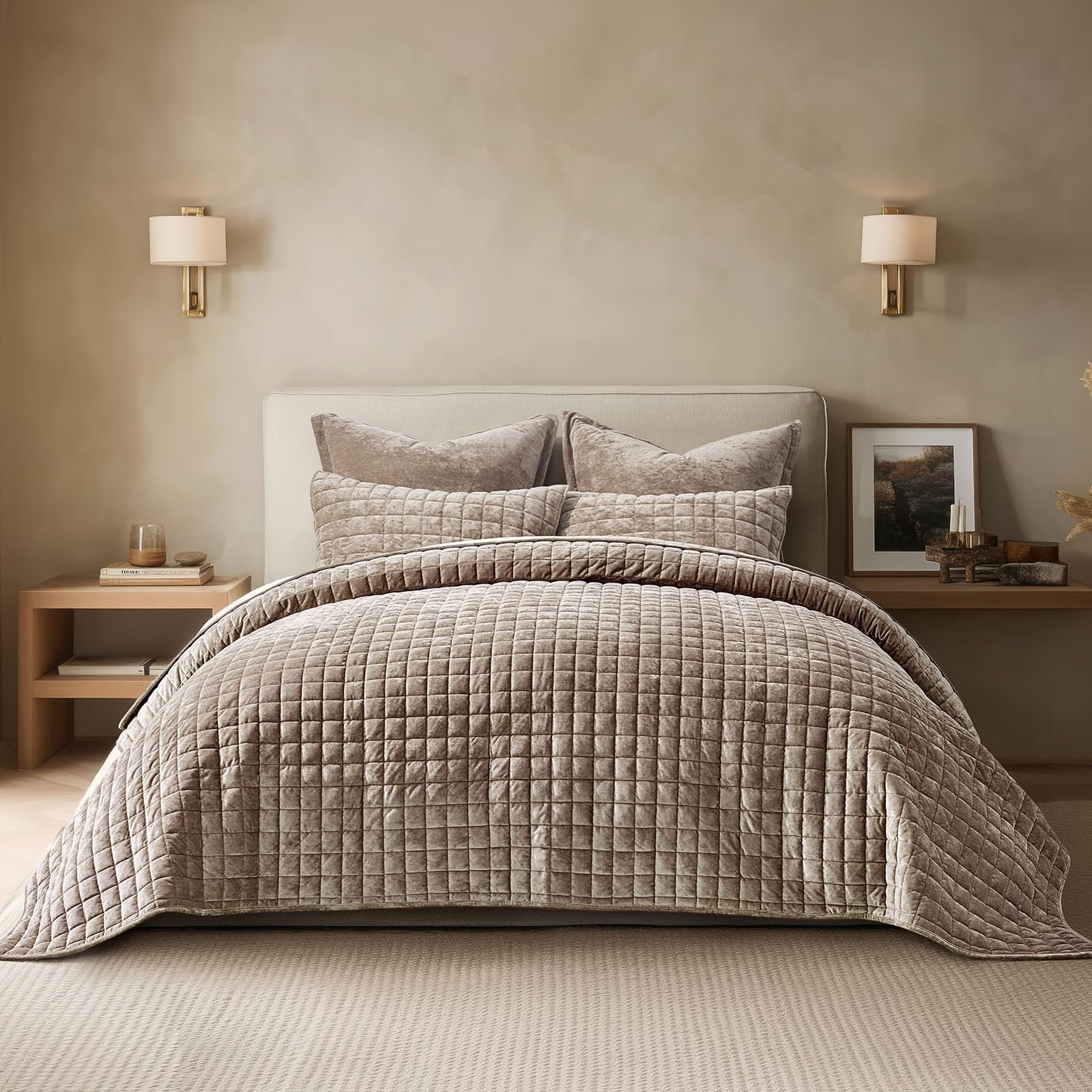 RECYCO Channel Box Stitch Velvet Quilt Set, K...