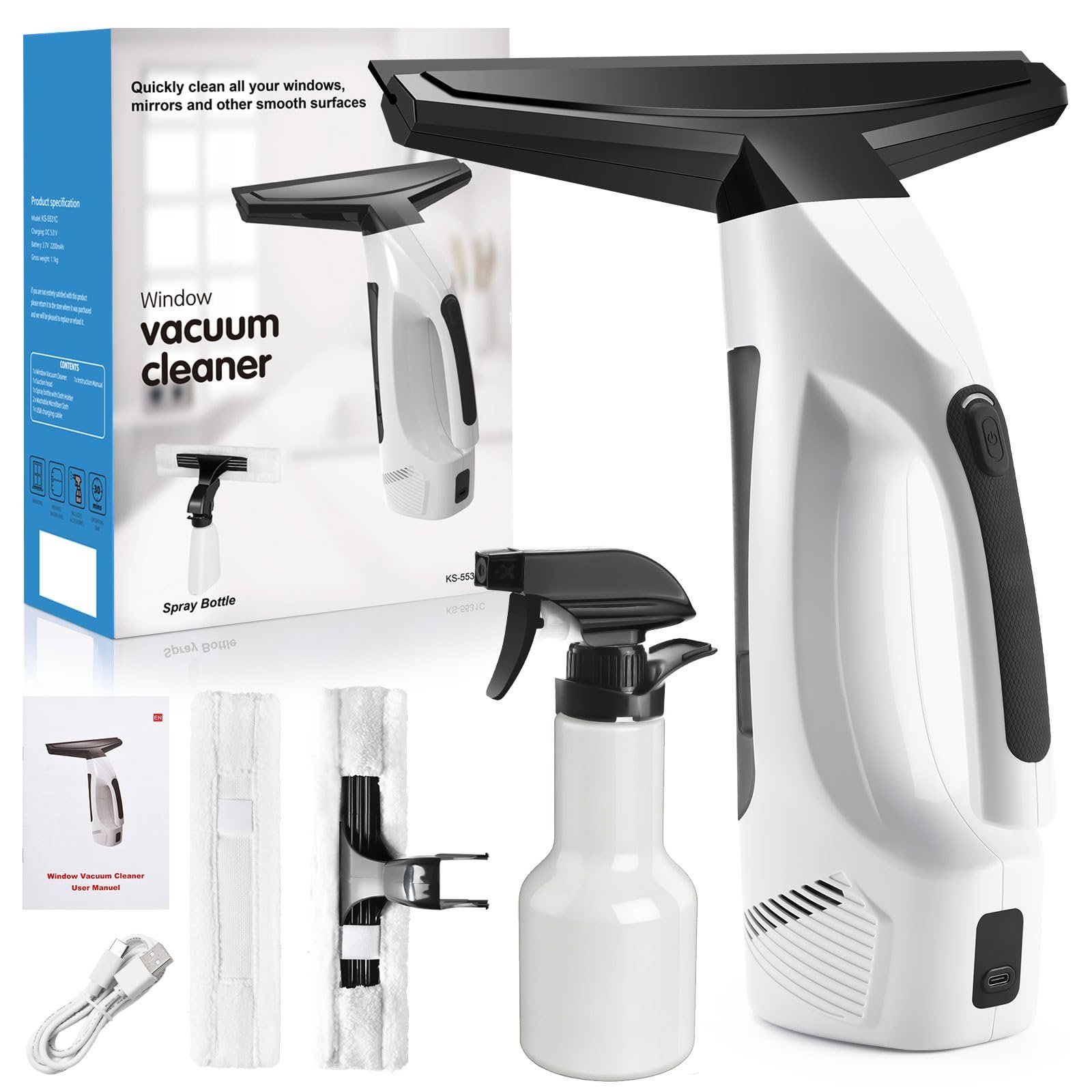 Window Vacuum Squeegee Cordless, 2000Pa Elect...