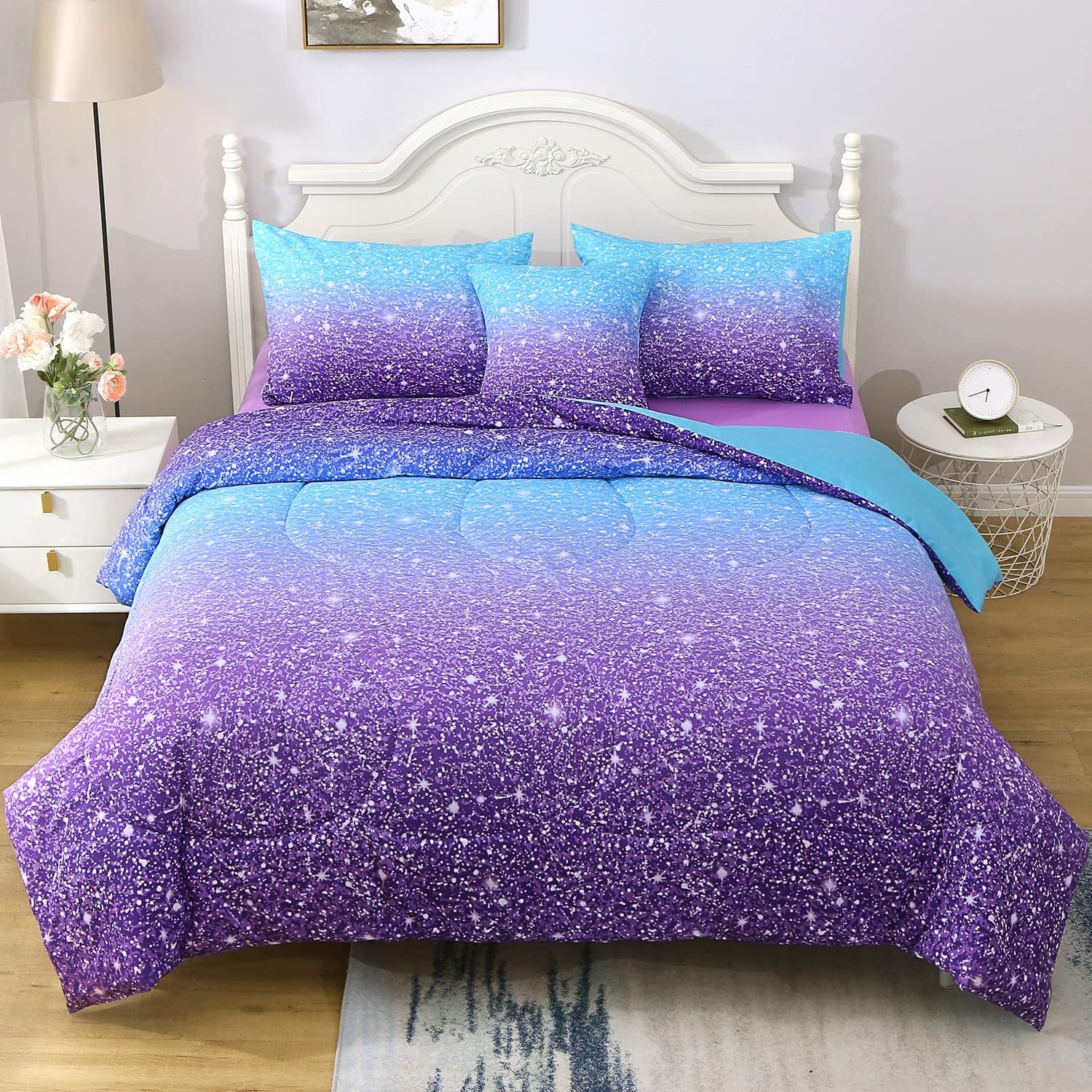 JQinHome Queen Blue Purple Comforter Set, 6 P...