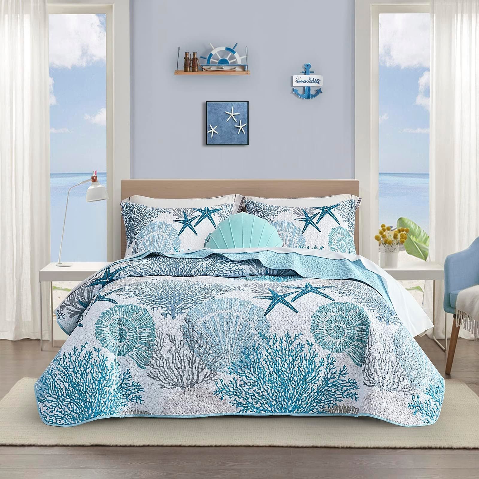 3 Piece Coastal Quilt Sets Full/Queen Size Be...