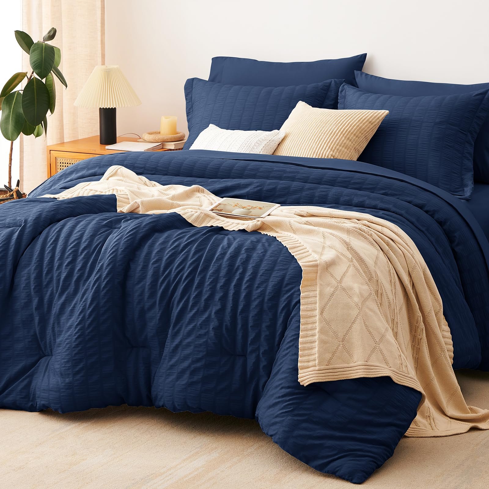 CozyLux Queen Comforter Set, 7 Pieces Navy Bl...