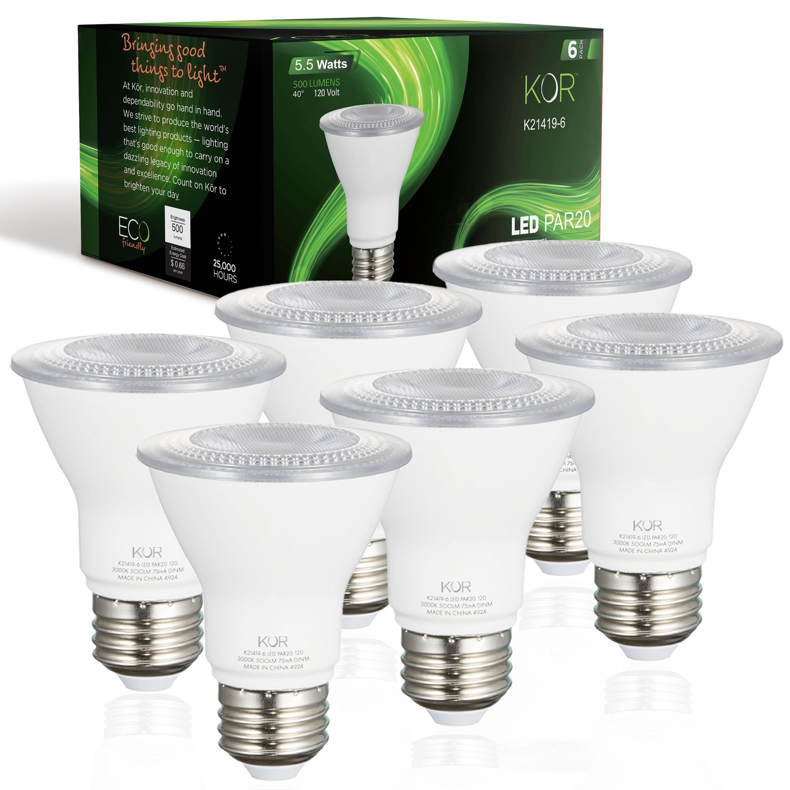 KOR 5.5W PAR20 LED Flood Bulb, Dimmable, E26 ...